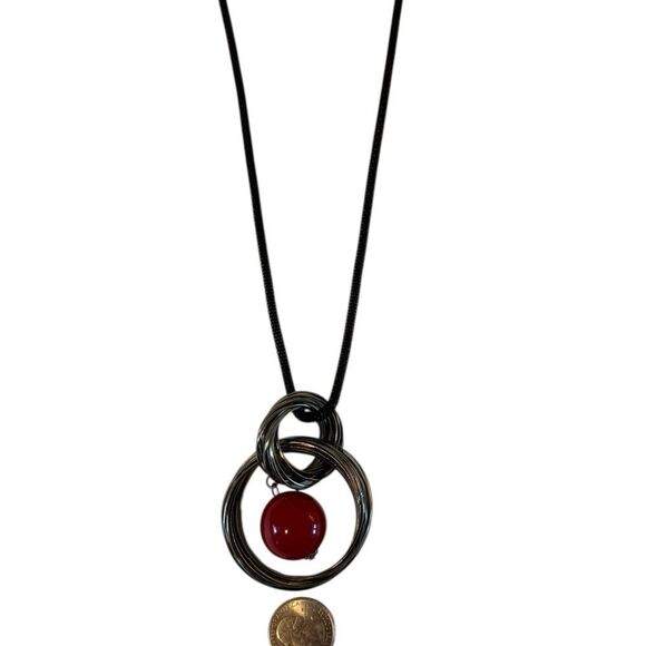 Modern & Abstract Gun Metal Pendant Necklace w/ Bold Red Center Bead. - Picture 5 of 5